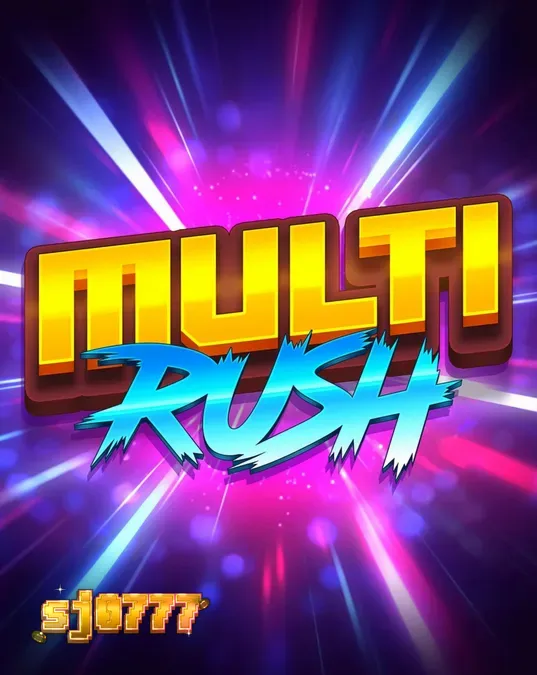 Tampilan visual neon retro pada slot Multi Rush dengan simbol buah dan angka 7.